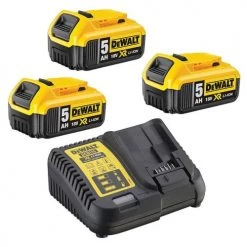 Pack de 3 batteries 5 Ah Dewalt avec chargeur multi-voltages en boîte carton